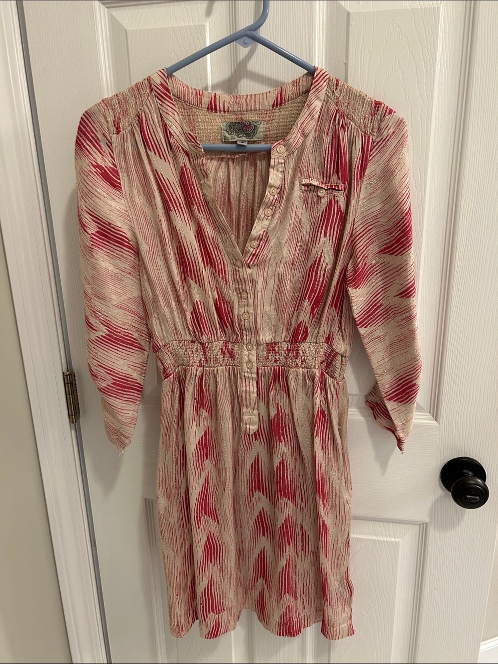 Ecote Red and Cream Printed Long-Sleeve Button Dress